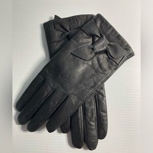 Elegant Black Leather Gloves with Bow Detail Women's Size 7.5 New